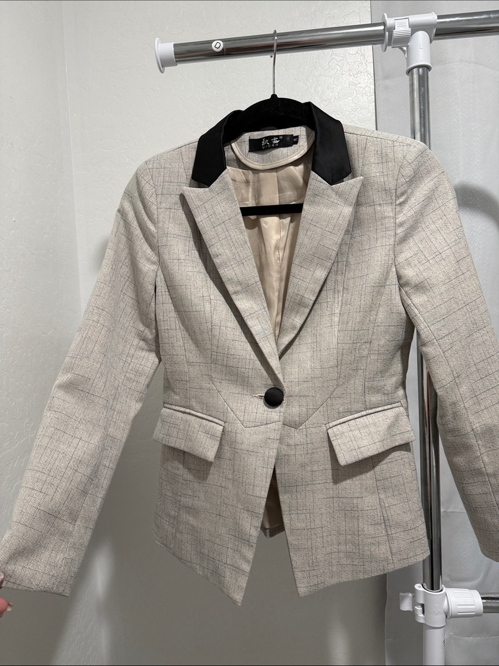 Women's Gray striped Blazer with Black satin Collar